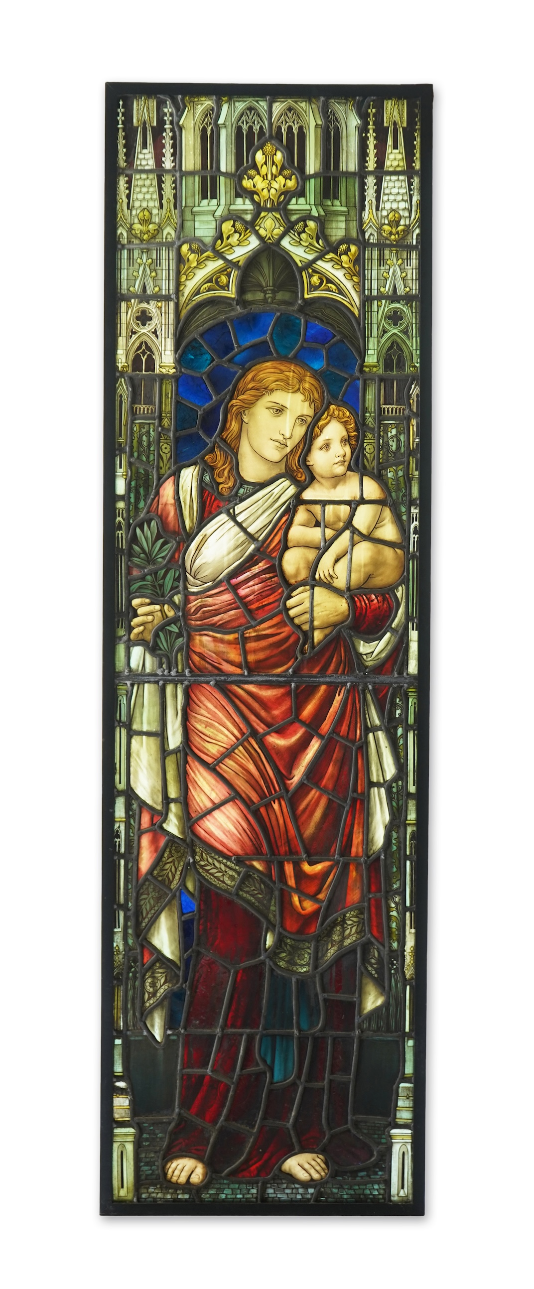 Attributed to Henry Holiday (1839-1927) for James Powell & Son: A stained and painted glass panel depicting the Virgin and Child